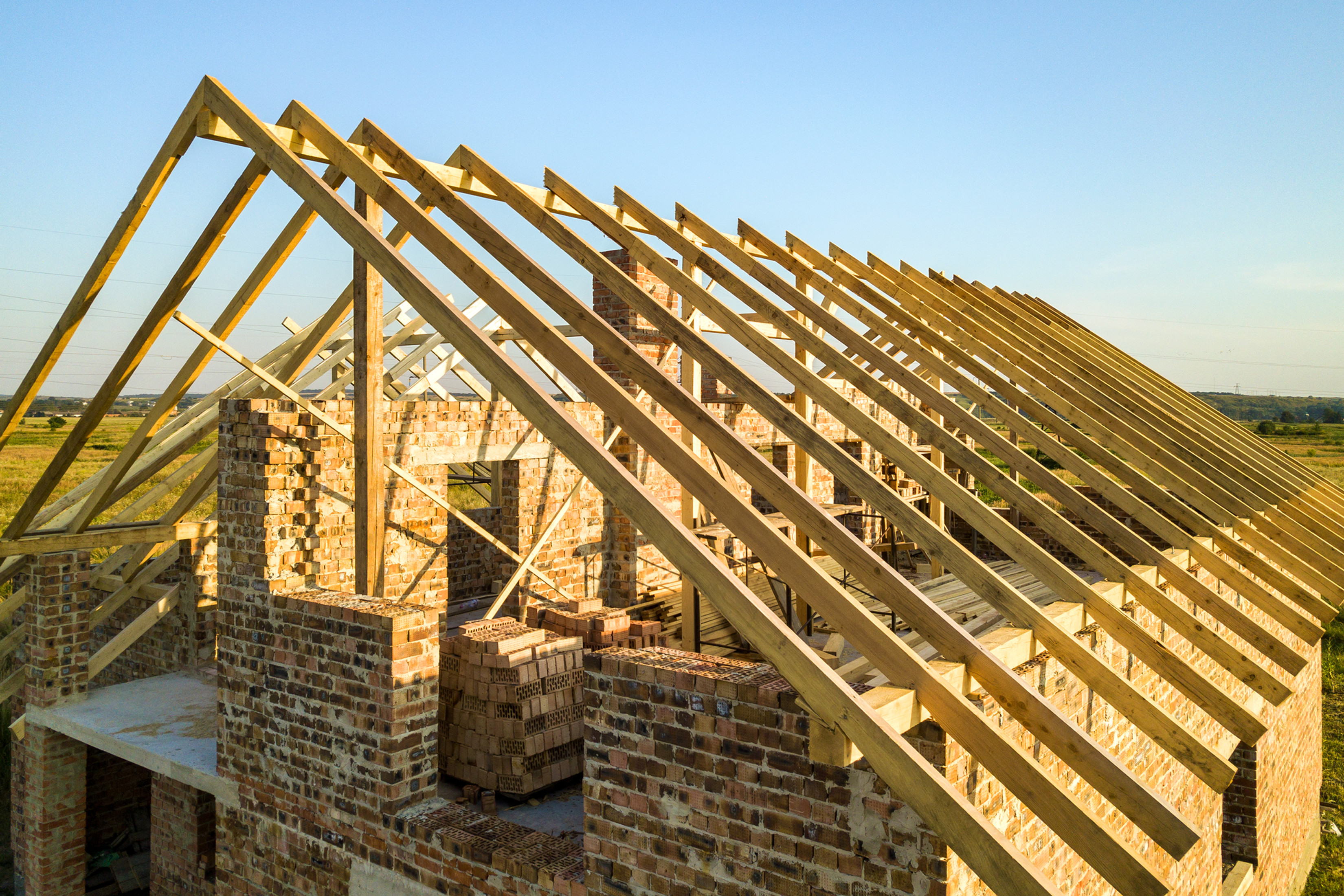 Roof construction framing in progress